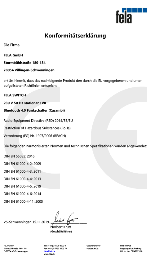 CE Konformitätserklärung SWITCH CASAMBI (230V Wandschalter)