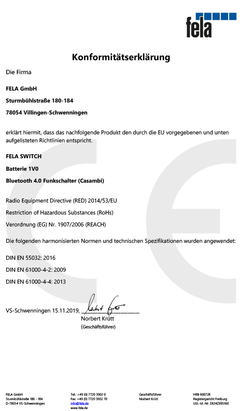 CE Konformitätserklärung SWITCH CASAMBI (mobiler Batterieschalter)